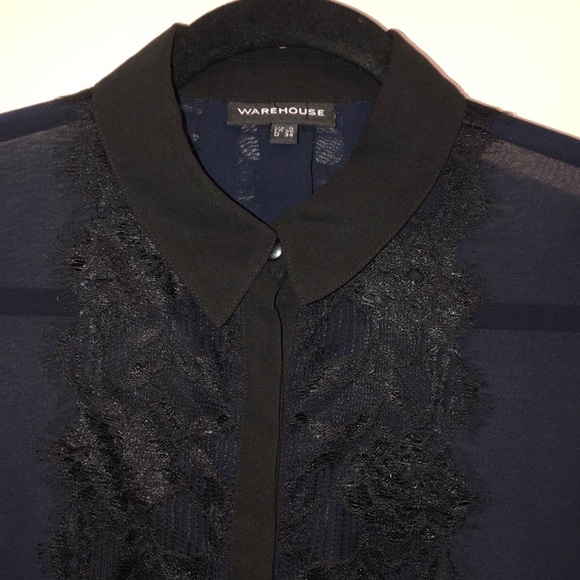 Warehouse Navy Blue Lace Panel Button Down Shirt - Picture 4 of 8